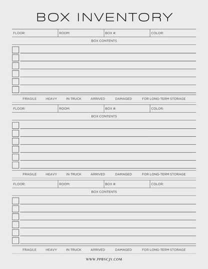 Moving Box Inventory Printable PDF Template Bundle with box inventories, moving expense tracker, address change list, and utility tracker.

