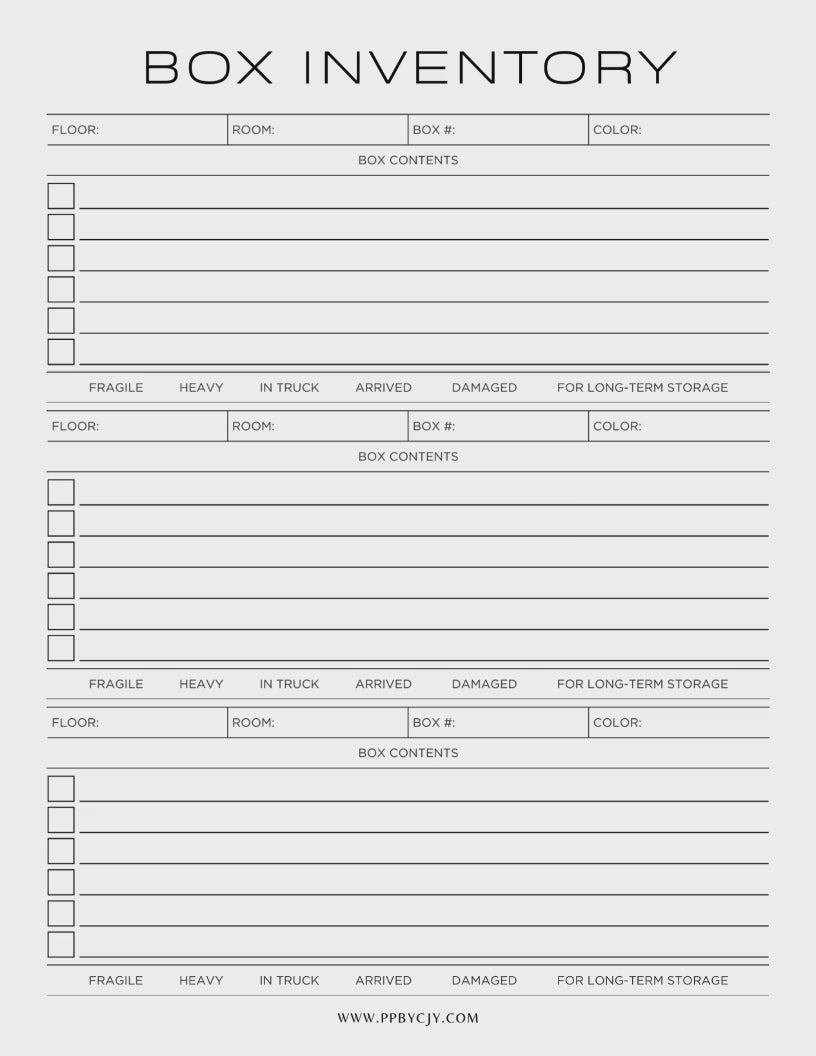 Moving Box Inventory Printable PDF Template Bundle with box inventories, moving expense tracker, address change list, and utility tracker.

