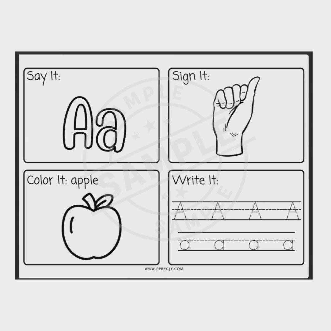 Video of educational worksheet for the letter 'A' with various activities on a white background.
