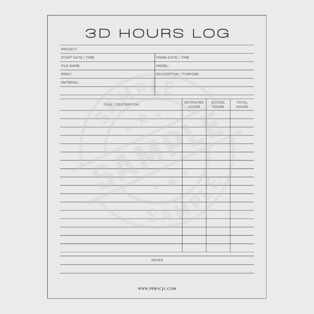video for a 3D Print Log sheet with various fields for recording print details on a white background.