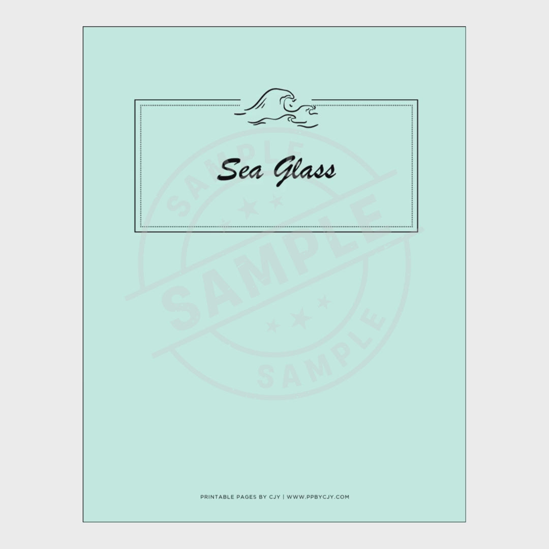 video for Set of printed pages from a 'Sea Glass' collection with various forms on a white background.