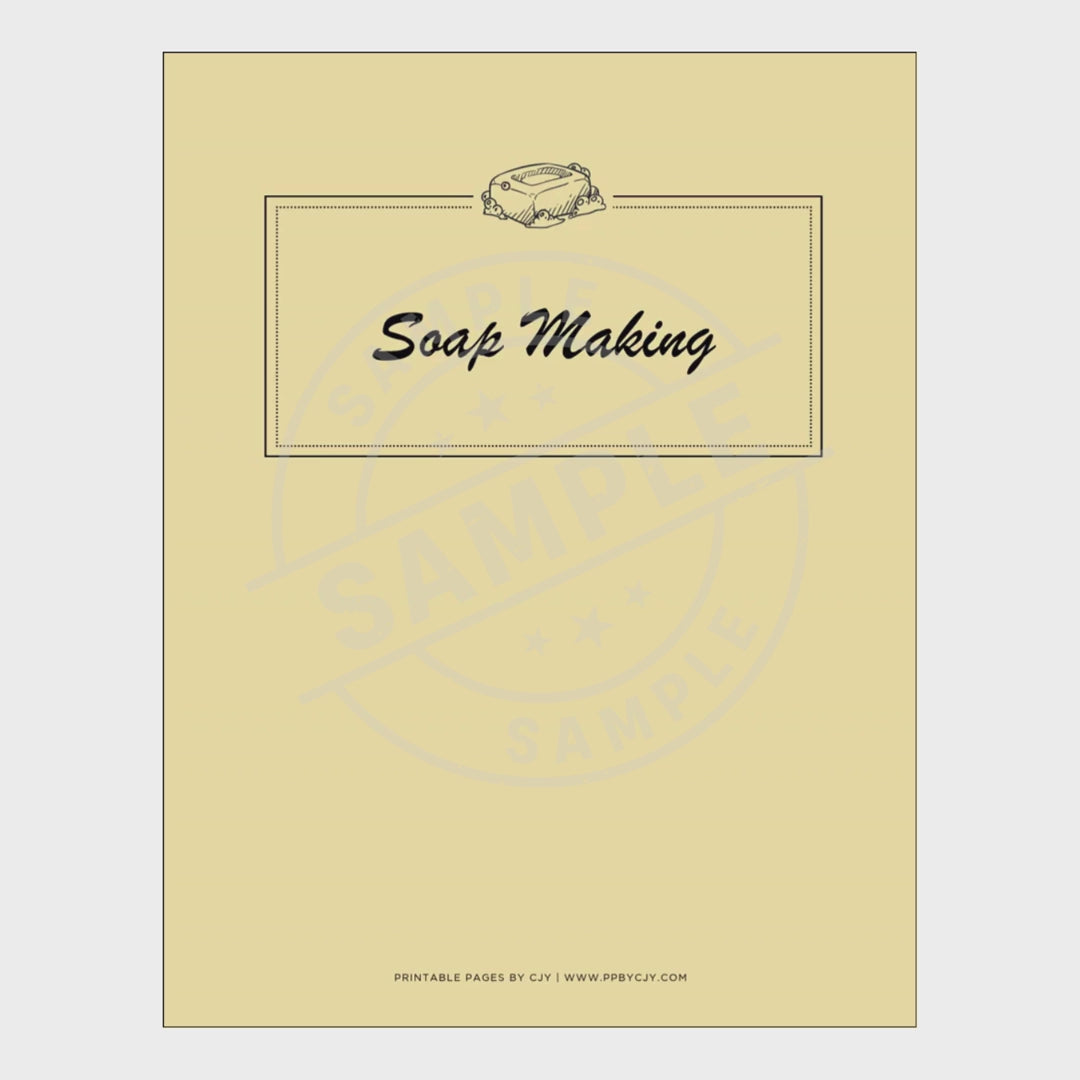 video Set of soap-making worksheets and a notebook titled 'Soap Making' on a white background.