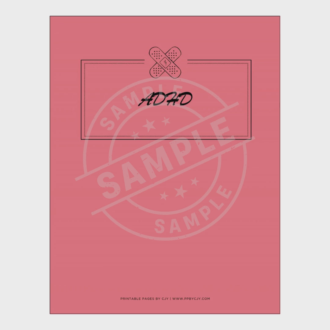 video for ADHD tracker notebook with various tracking pages on a white background