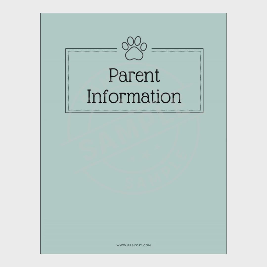 video of Light blue planner with 'Parent Information' text and a paw print icon on a white background.