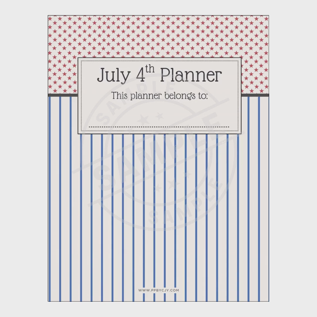 July 4th planner with red polka dot top section and blue striped bottom section on a white background.