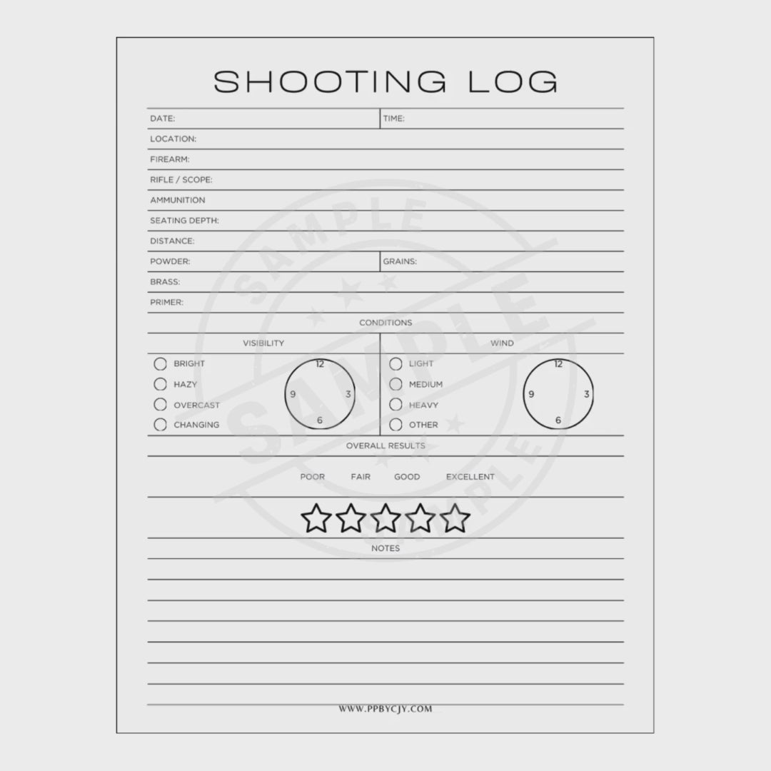Shooting log sheet with various fields for recording shooting details on a white background.