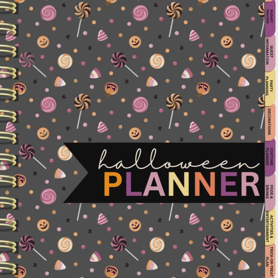 Halloween Digital Planner with 75+ hyperlinked pages, including party planners, costume organizers, trick-or-treat schedules, and recipe logs