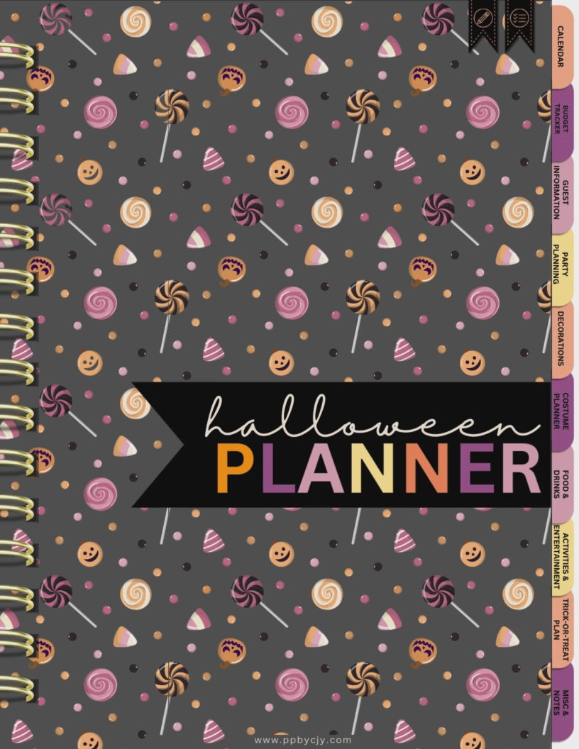 Halloween Digital Planner with 75+ hyperlinked pages, including party planners, costume organizers, trick-or-treat schedules, and recipe logs