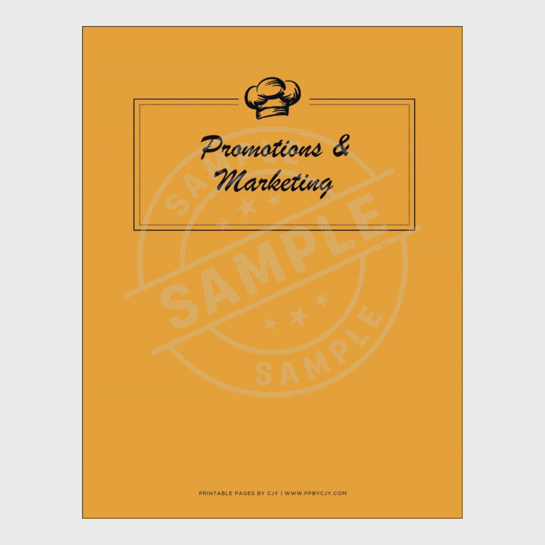 vdeo of Promotions & Marketing binder with sheets on a white background