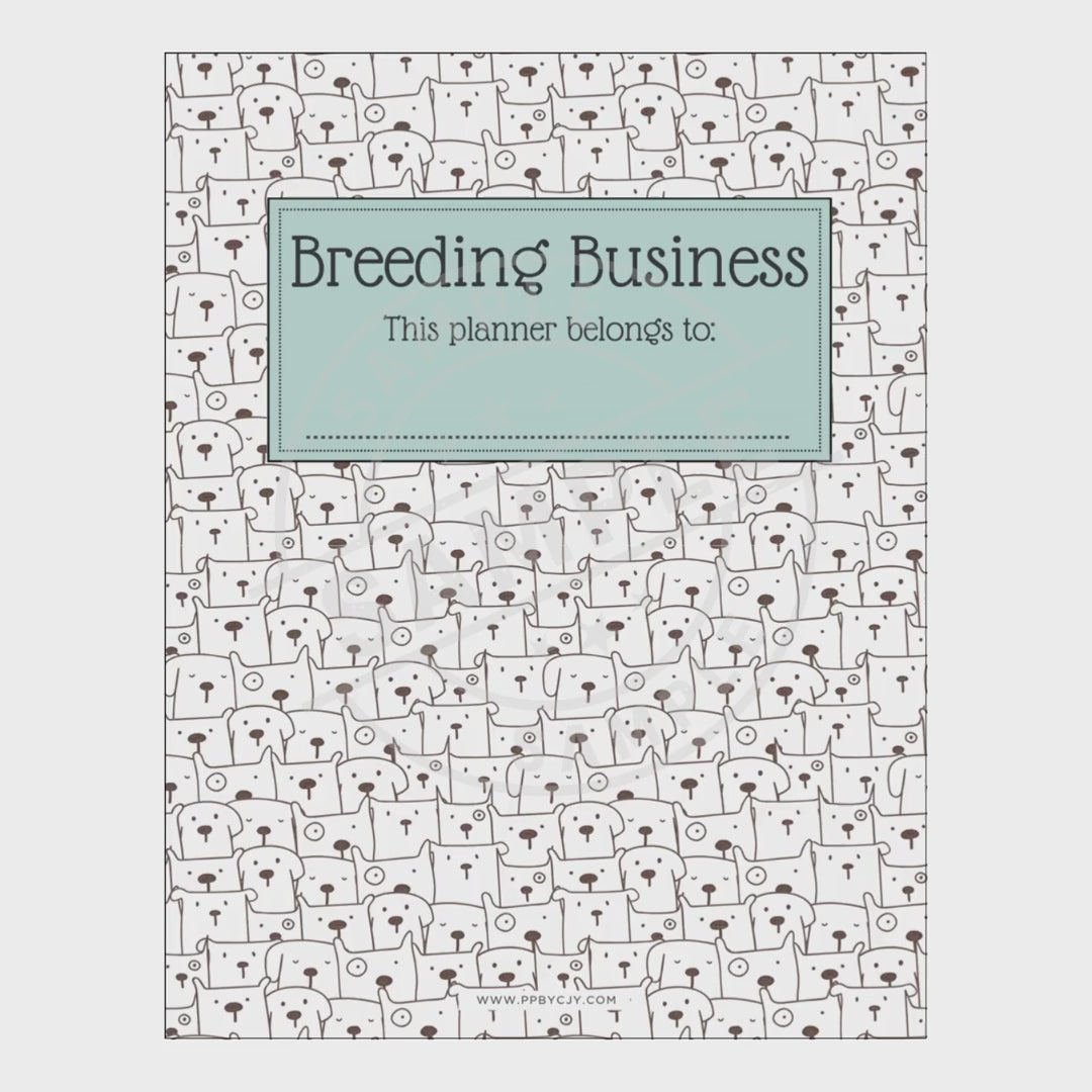 video of Planner with dog pattern and 'Breeding Business' text on a white background