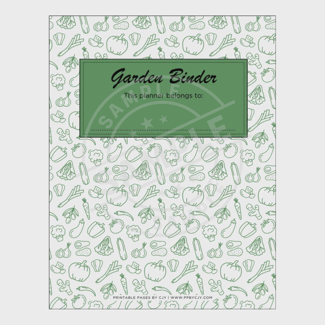 video for Garden binder with various pages including a watering plan, plant rotation tracker, rainwater collection log, garden overview, and vegetable planting calendar.