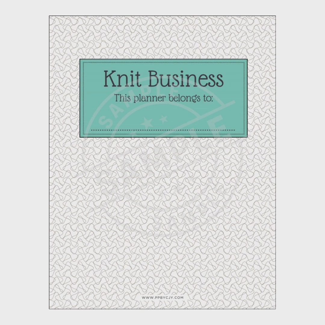 video of Knit Business planner cover with a teal label on a white background