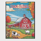 video of coloring book cover titled 'Farm Friends' with a red barn and cows on a white background.

