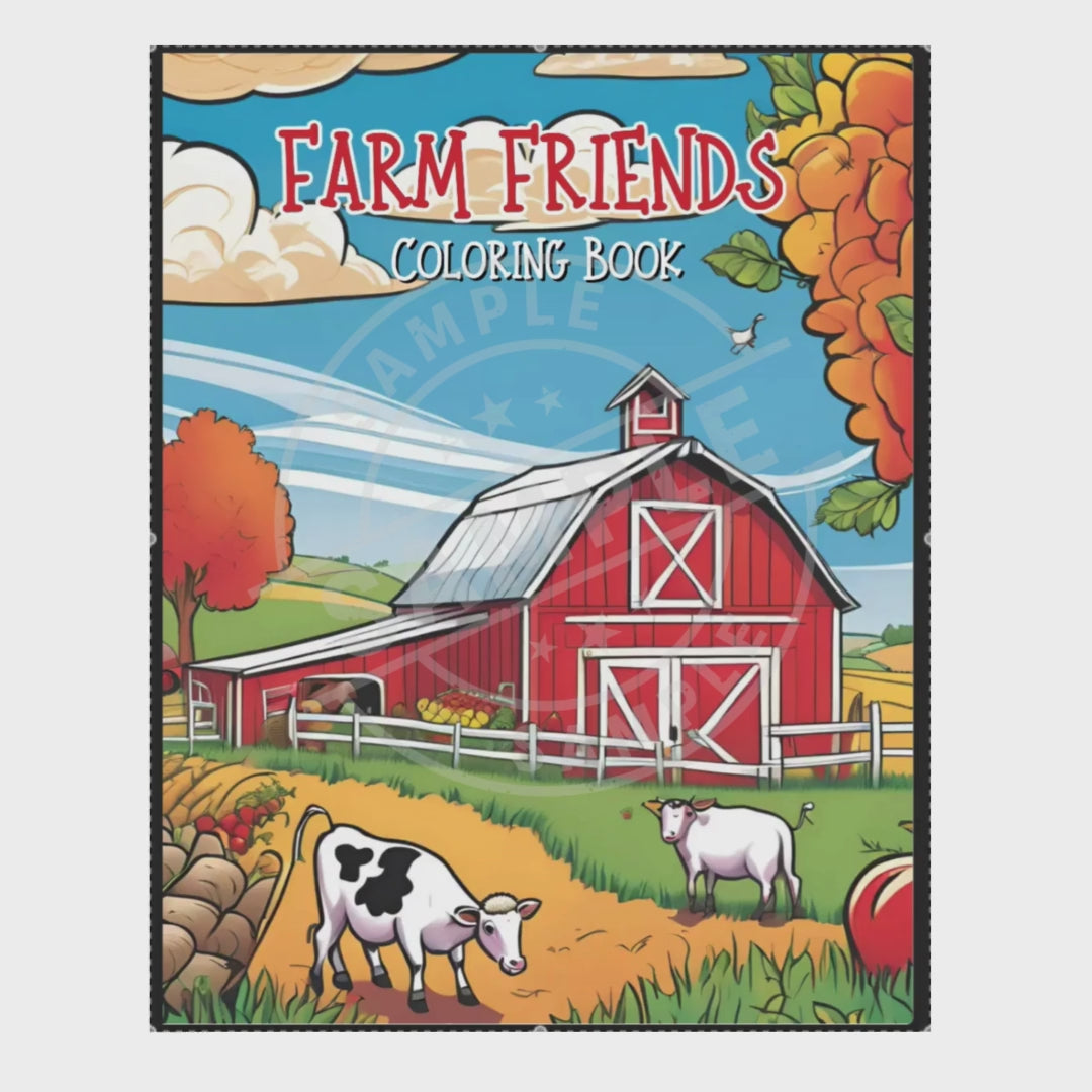 video of coloring book cover titled 'Farm Friends' with a red barn and cows on a white background.
