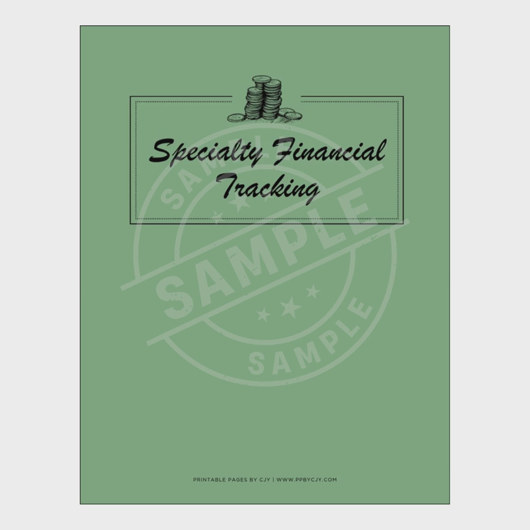 video for Set of financial tracking sheets with a green cover titled 'Specialty Financial Tracking'.