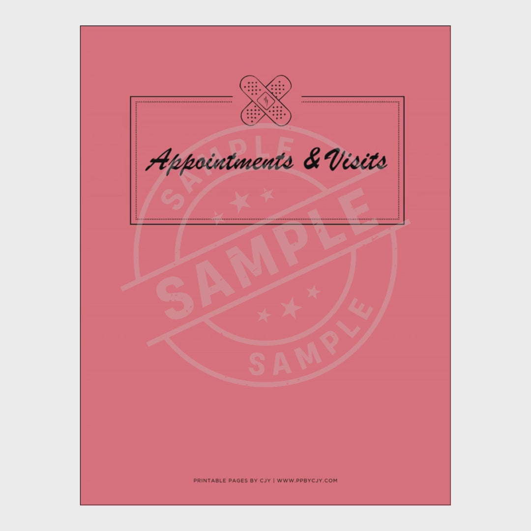 video for Pink appointment book with various tracking sheets on a white background