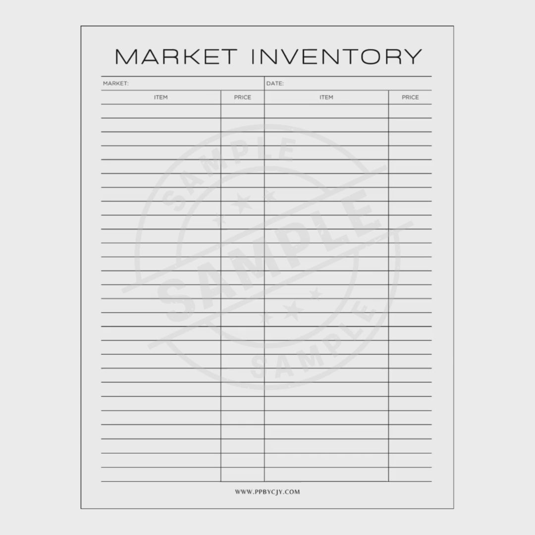 video for market bundle with Market inventory sheet with columns for name, item, price, and quantity on a white background.
