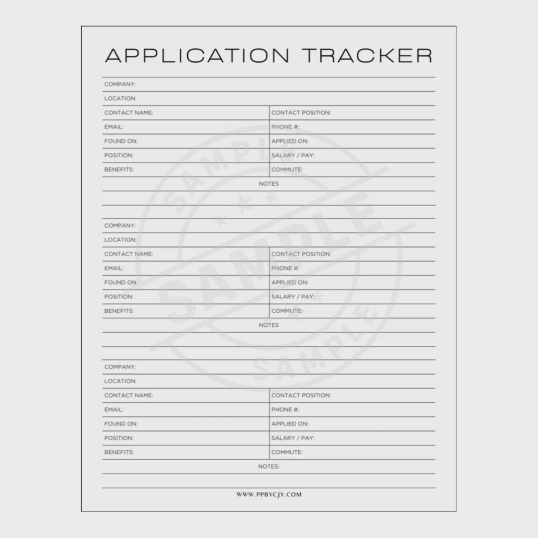 video for pplication tracker sheet with columns for company, location, contact name, phone number, email, found on, position, salary offer, commute, and notes.