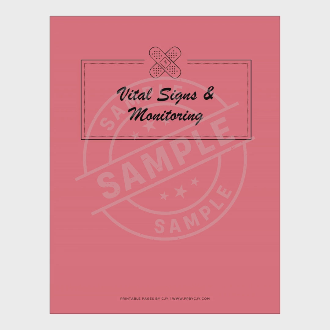 video for Vital signs monitoring book with pages for tracking various health metrics on a white background.