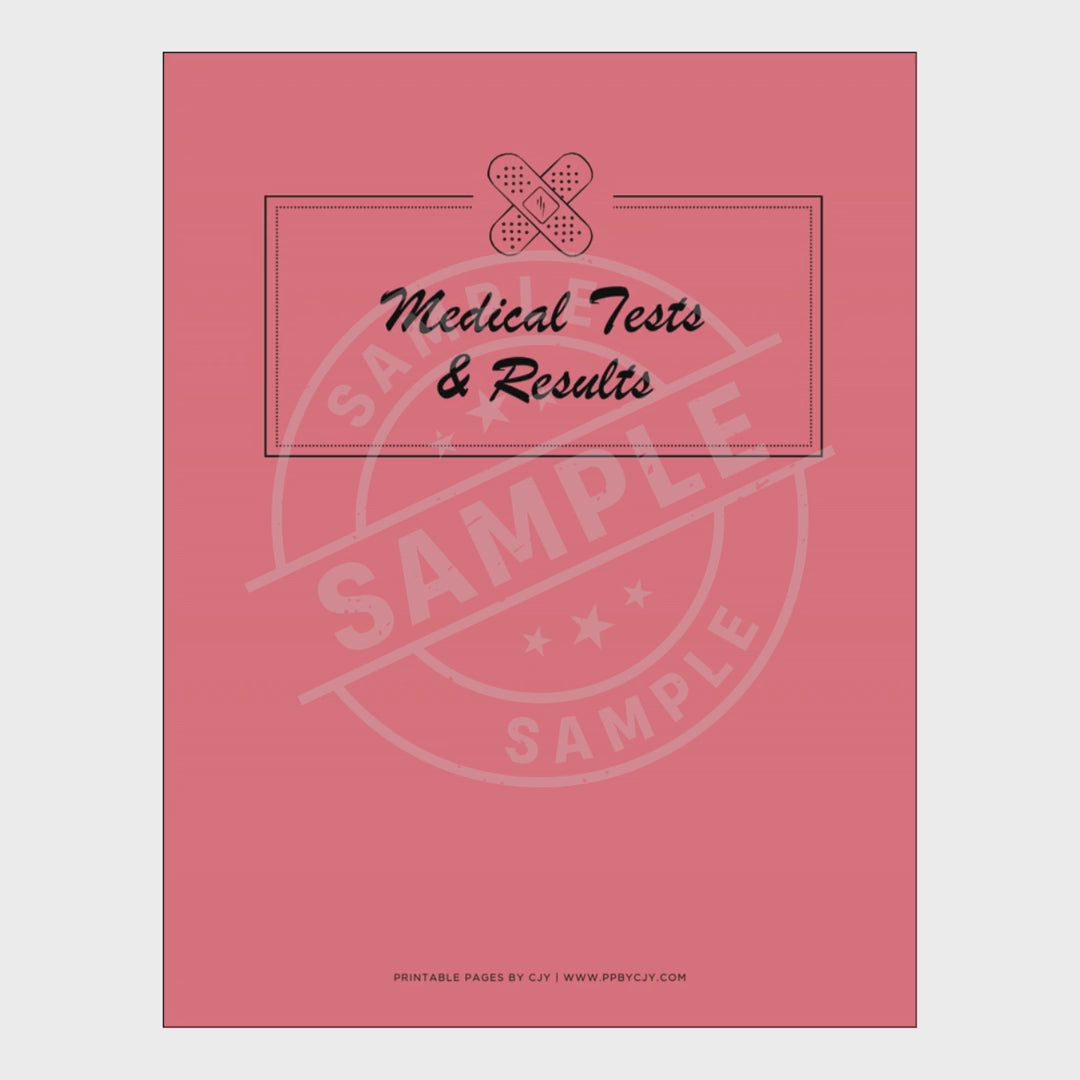 video for Medical test record book with various pages on a white background