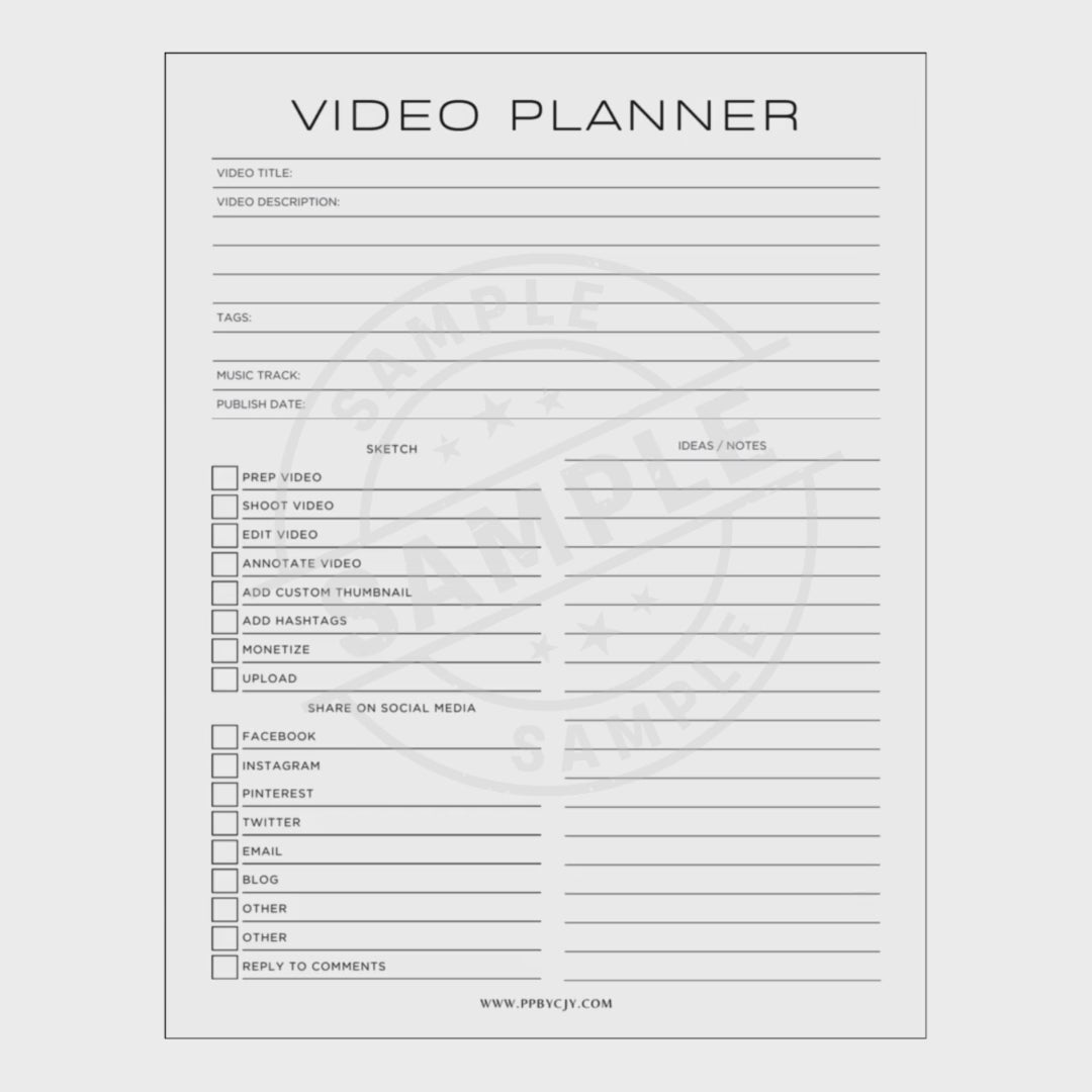 Video planner sheet with various columns on a white background
