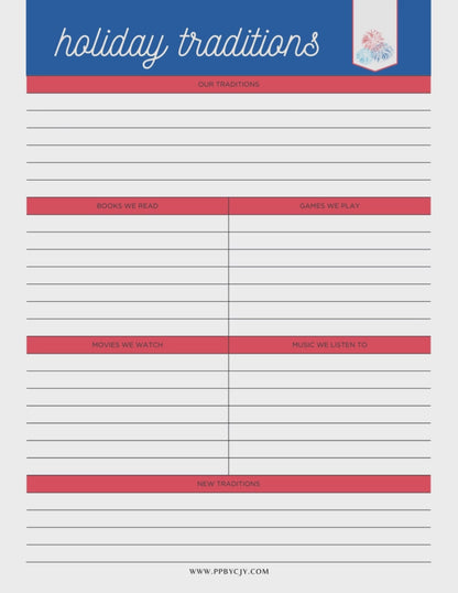 4th of July Planner Bundle Printable PDF with Party, Holiday, Meal, Decoration, Mantle, Wreath, and Cake Planning Pages, displayed on a desk with red, white, and blue decorations.
