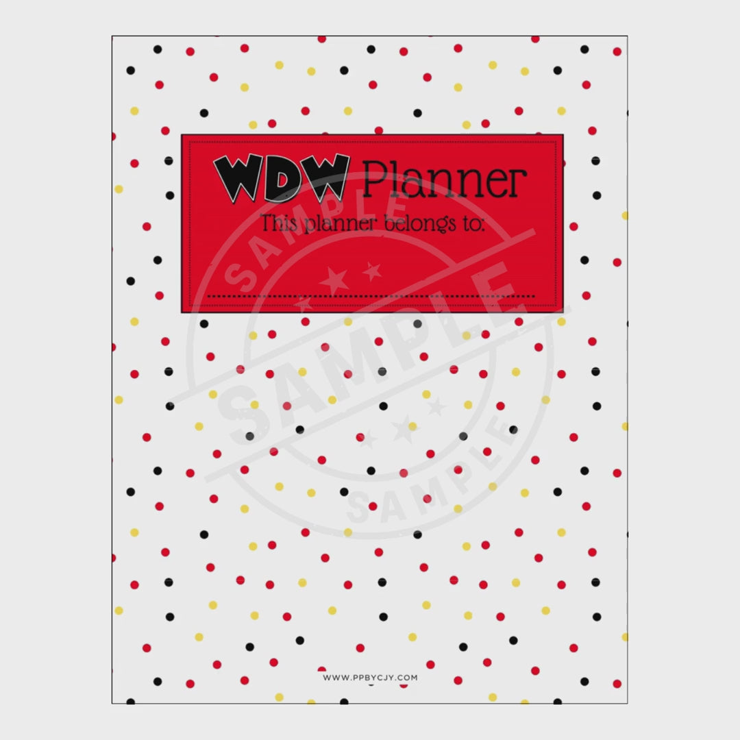 video for Polka dot planner with a red label reading 'WDW Planner' on a white background