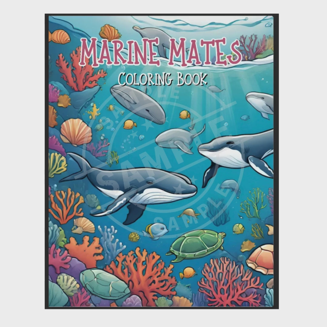 video of Coloring book cover titled 'Marine Mates' with whale illustrations on a blue background.