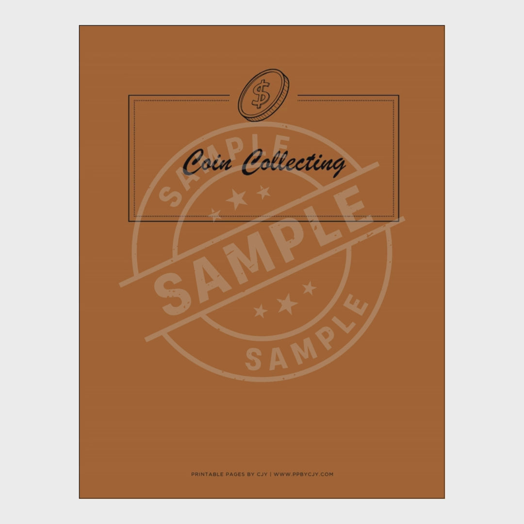 video for Collection of coin collecting planner pages with a brown cover on a white background.