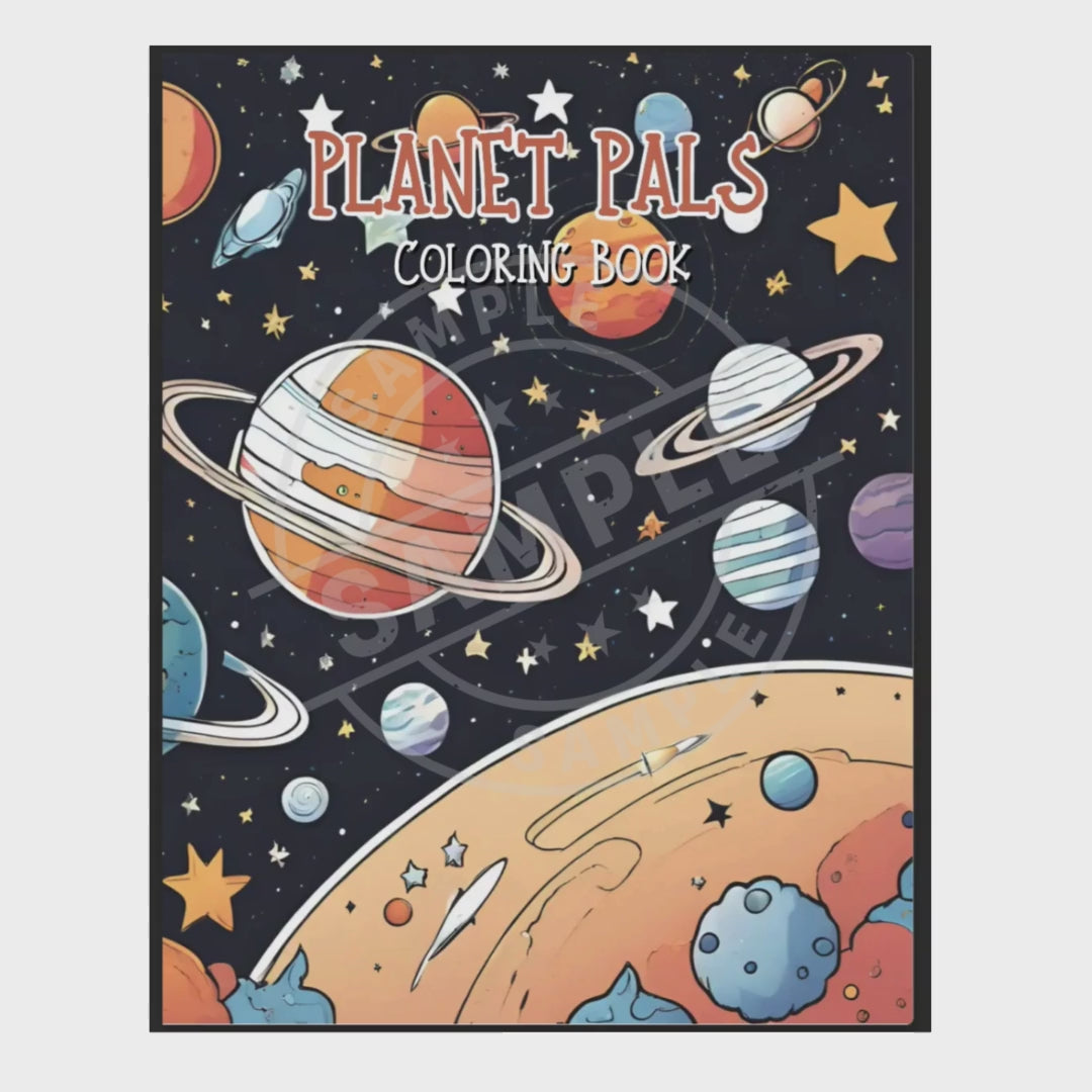 video of Coloring book cover titled 'Planet Pals' with space-themed illustrations on a white background.