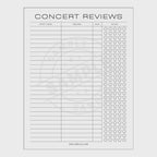 video of Sheet for concert reviews with columns for artist, feelings, date, and star rating on a white background.