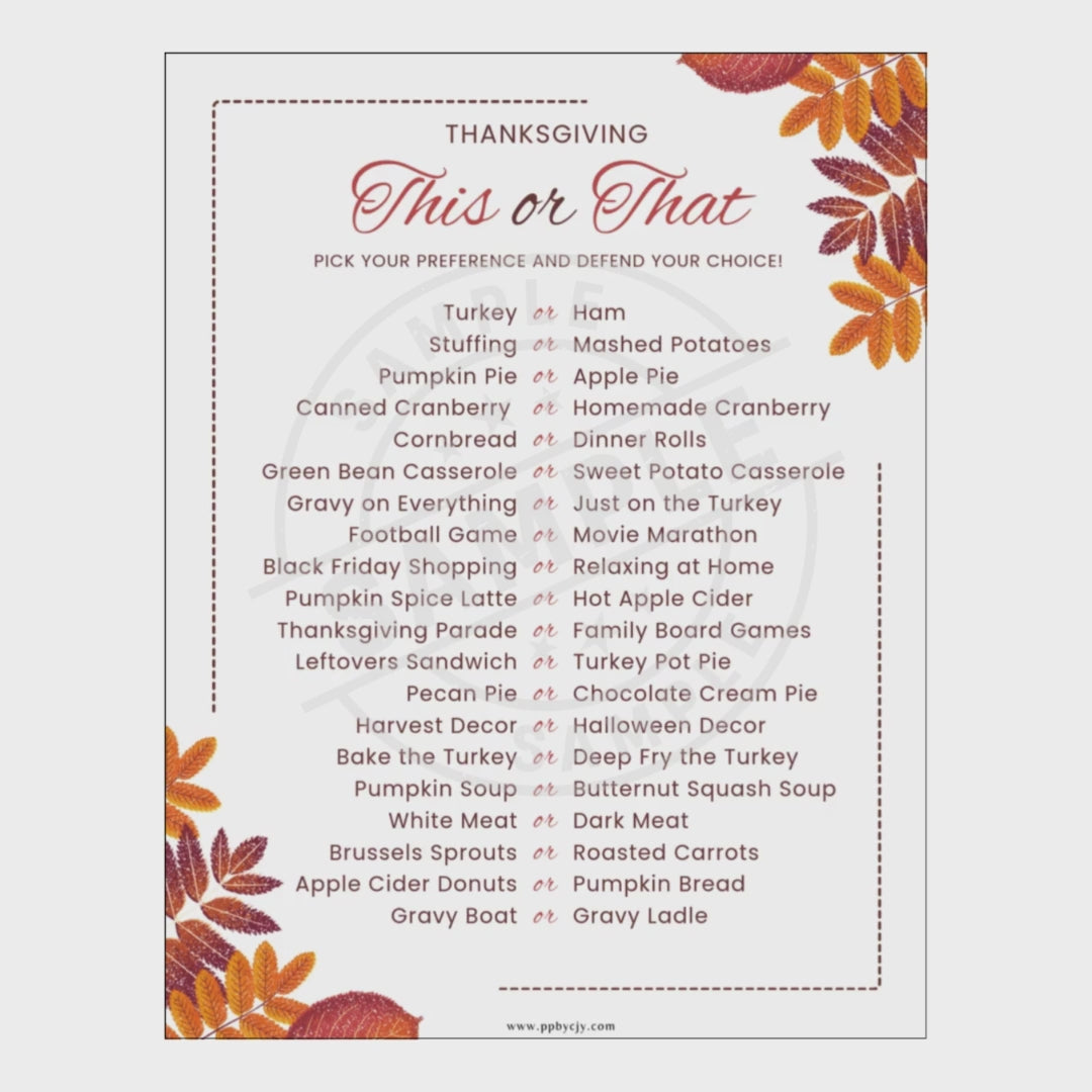 video of Thanksgiving 'This or That' questionnaire with fall-themed design on a white background