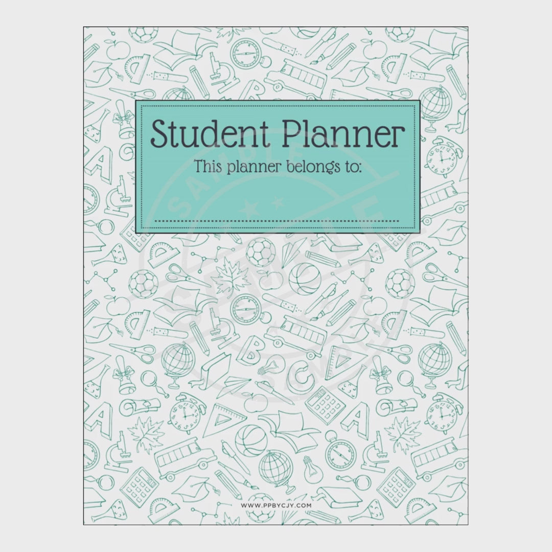 video for Student planner with educational icons and a customizable name tag on a white background.