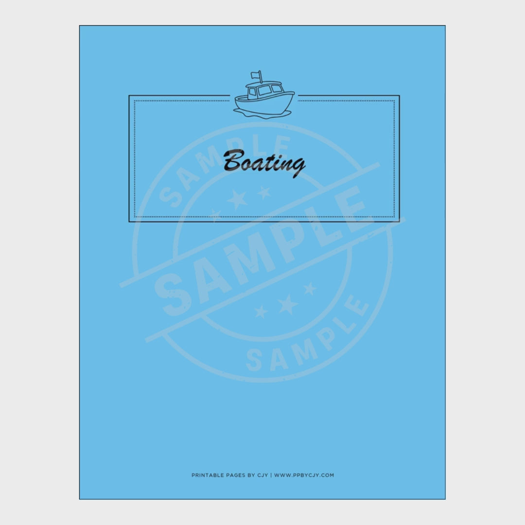 video for Set of boating logbook pages with a blue cover on a white background