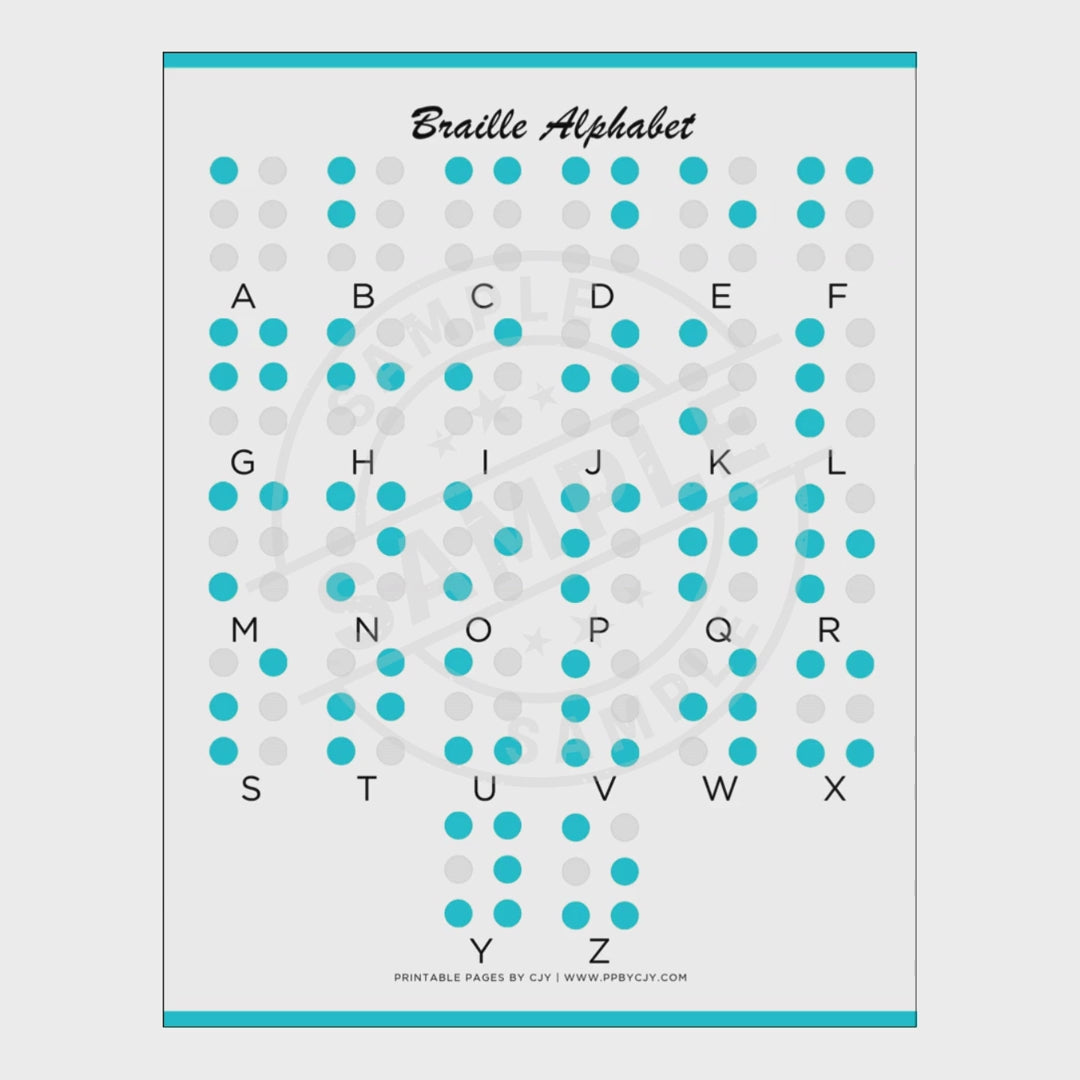video for Set of Braille alphabet flashcards with blue and gray dots on a white background.