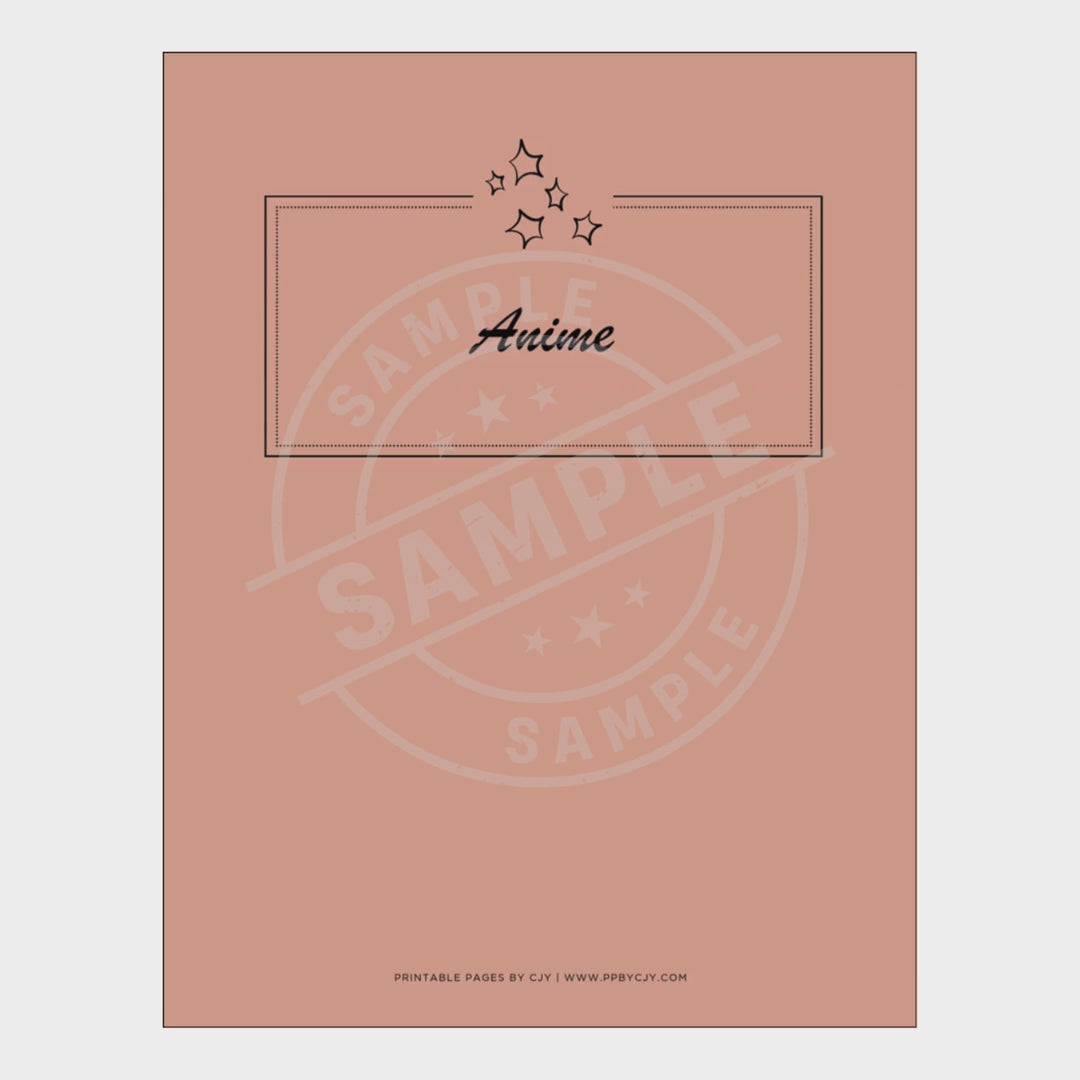 video for Anime-themed planner with various tracking pages on a white background