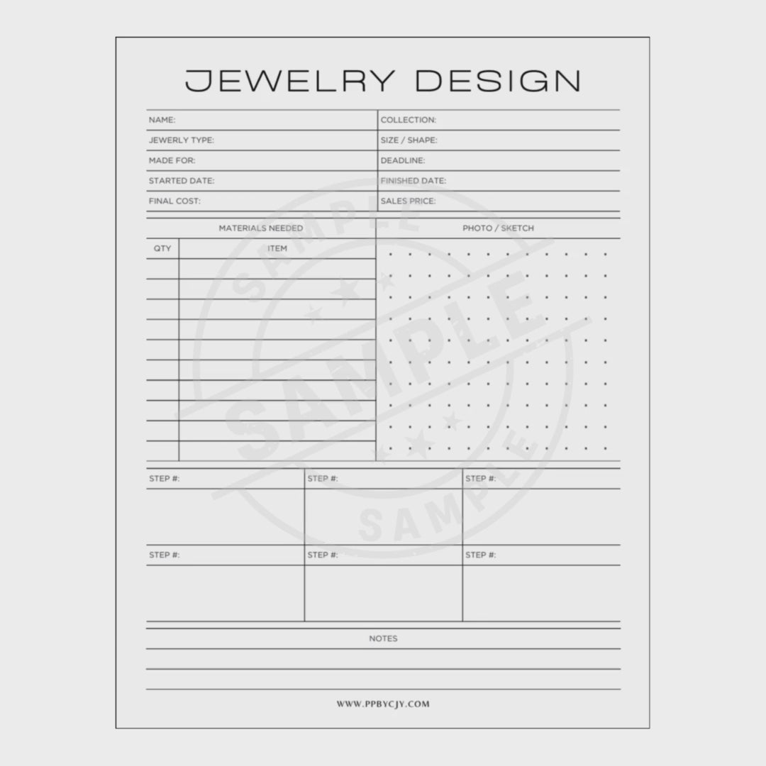 video for jewelry design worksheet with various fields for details on a white background.