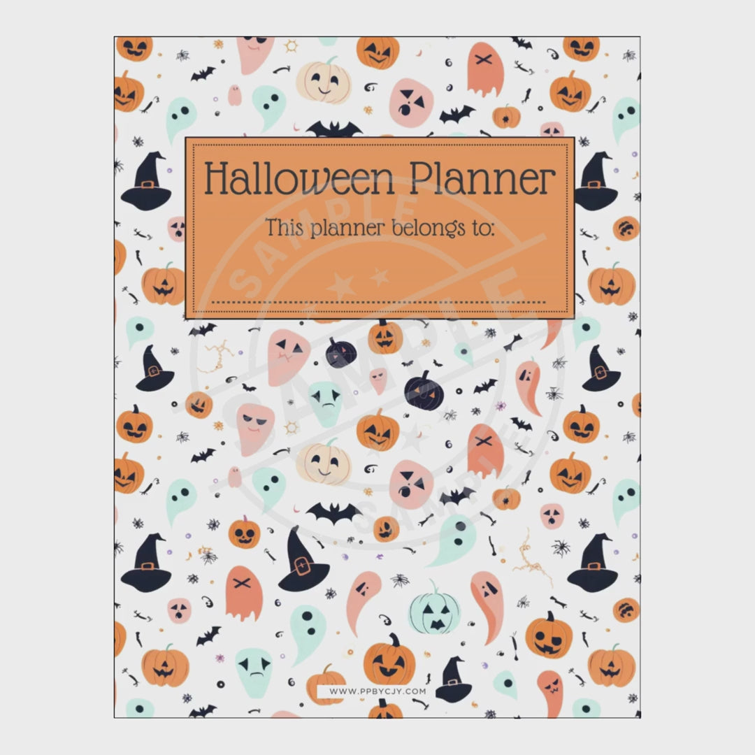 Halloween planner with pumpkins, ghosts, and bats on a white background