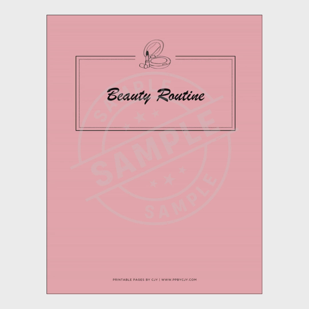 video for Pink beauty routine planner with various pages on a white background