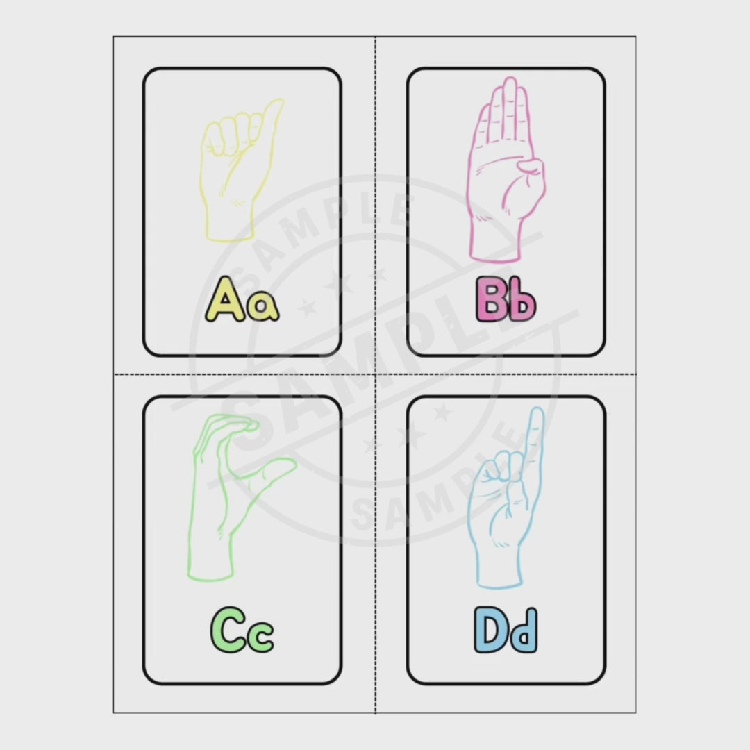 Video of flashcards with ASL hand signs for letters A, B, C, and D on a white background.