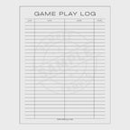 Game play log sheet with columns for date, game, genre, and hours played on a white background.
