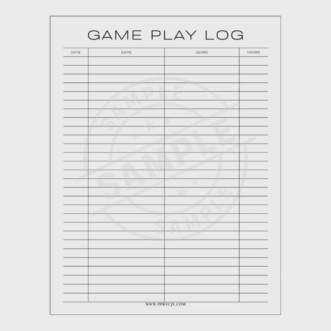 Game play log sheet with columns for date, game, genre, and hours played on a white background.