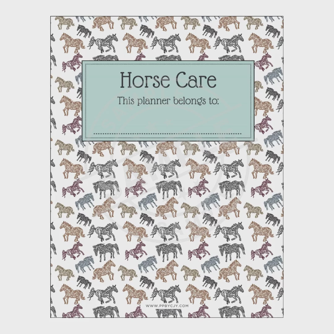 video of planner with horse pattern and 'Horse Care' text on a white background