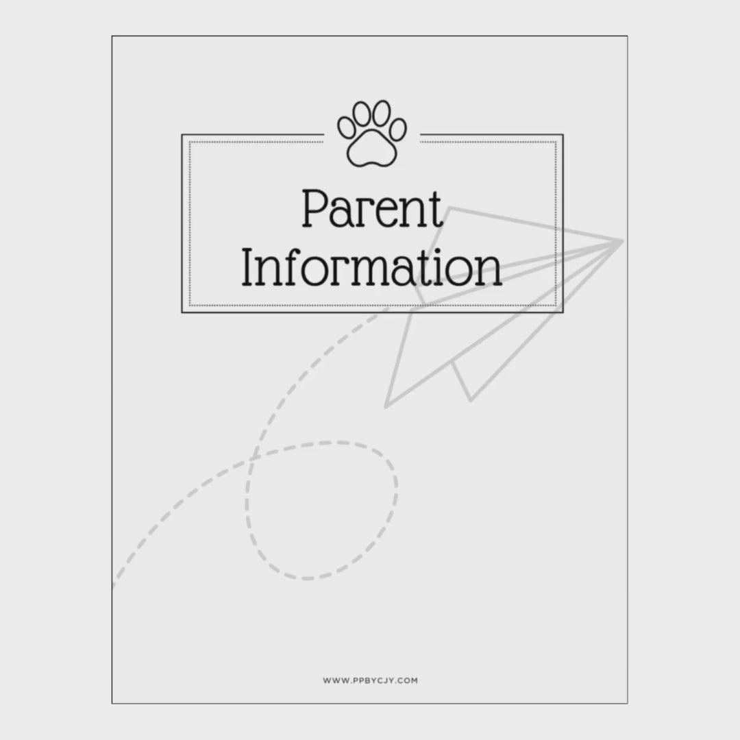 video of Sheet with 'Parent Information' text and paw print icon on a white background