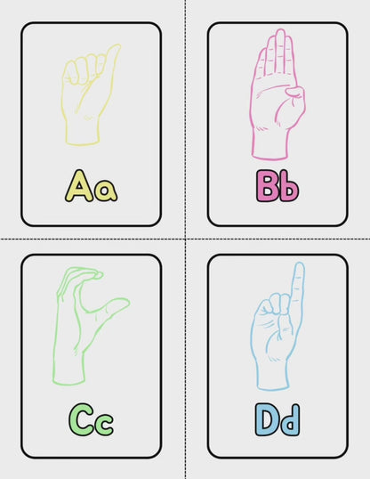 ASL Alphabet & Number Flashcards Printable PDF Template featuring hand signs for letters A-Z and numbers 0-9.

