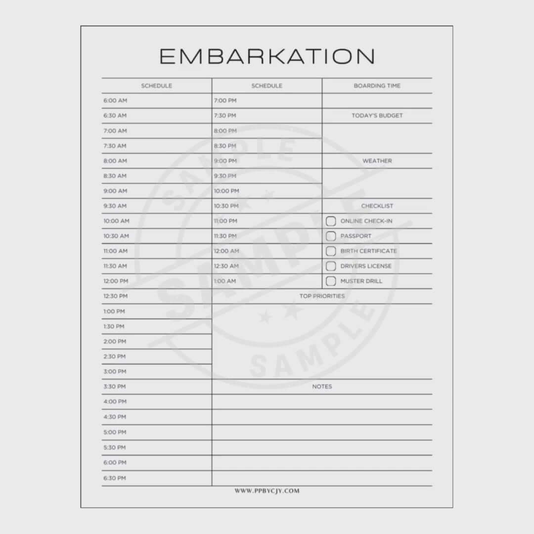 Sheet with travel planning checklist titled 'Embarkation' on a white background.