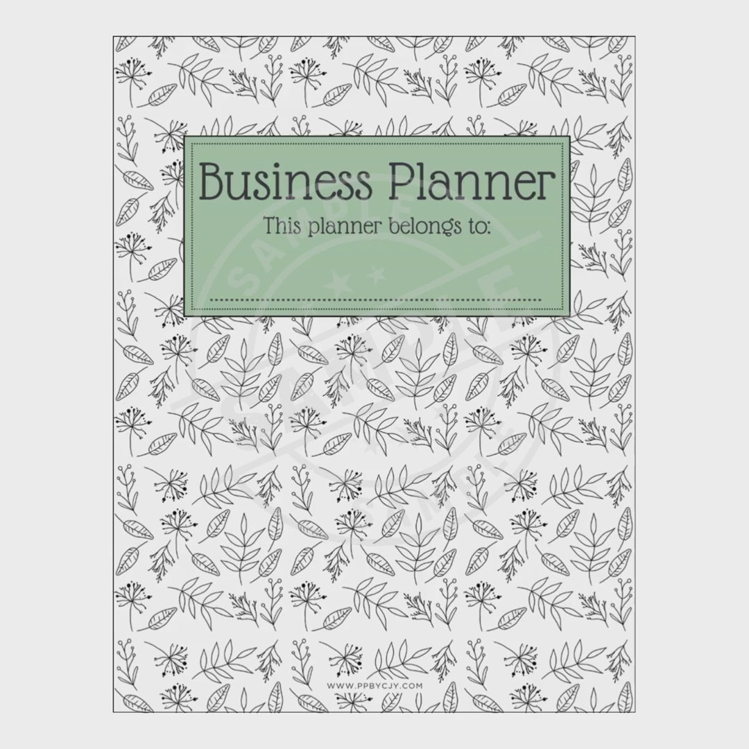 video for Business planner with leaf pattern and green label on white background