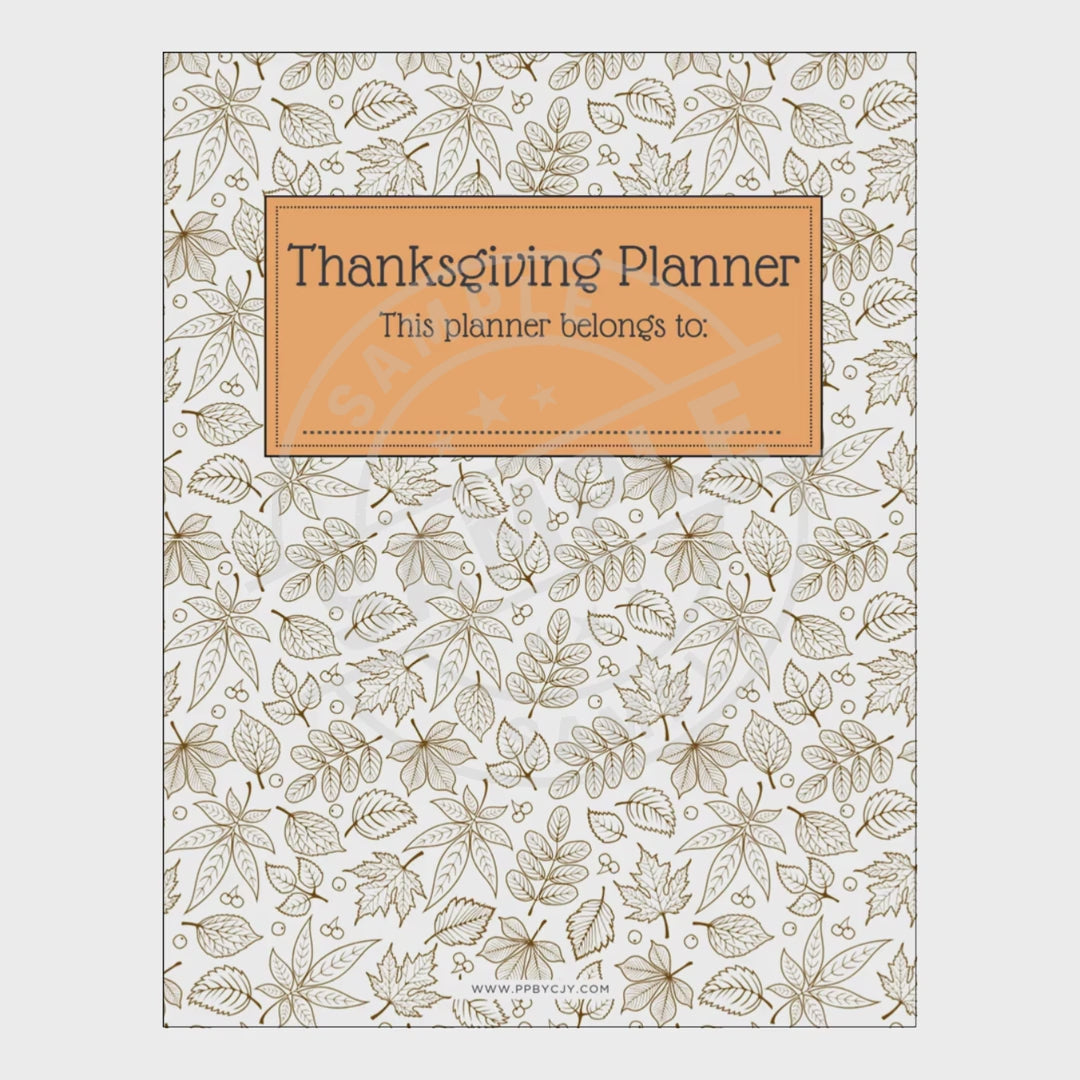 Thanksgiving planner with leaf pattern and customizable name tag on a white background
