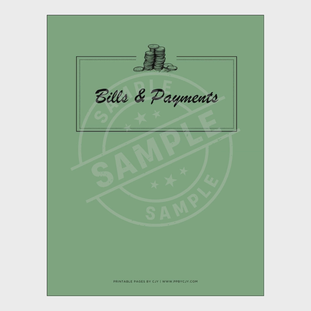 video for Set of bills and payments tracking sheets with a green cover on a white background