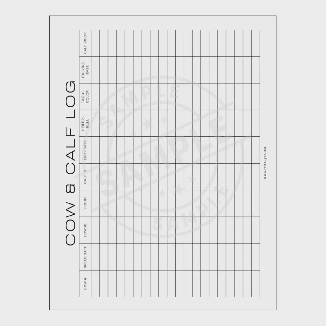 video of Calf log sheet with columns for birthday, tag number, weight, and notes on a white background.